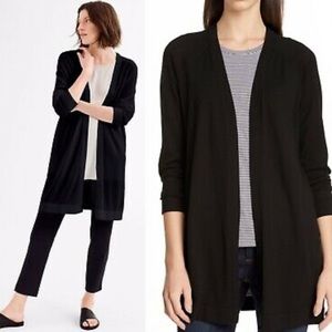 NWT EILEEN FISHER Large Black Simple Long Open Front Tencel Stretch Cardigan